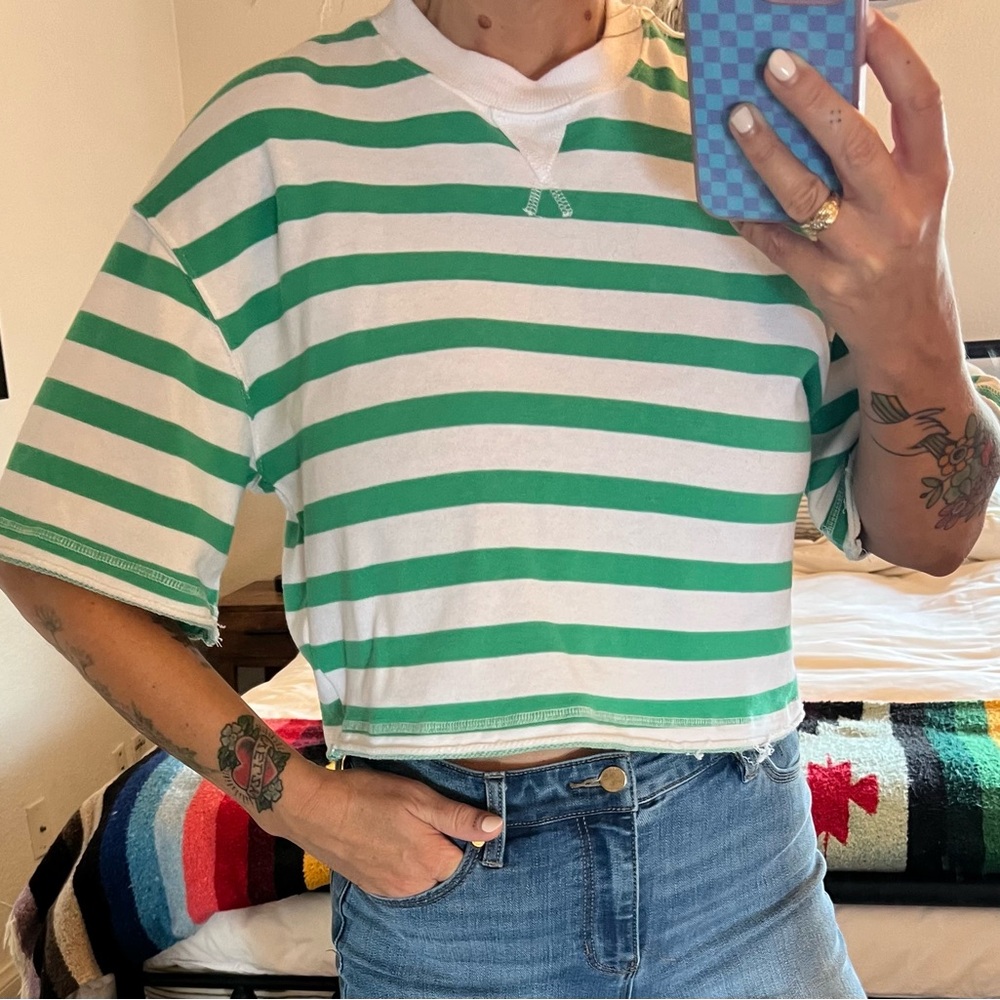 Green and White Striped top